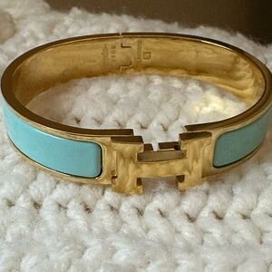 Hermes Clic H Blue Orage and Gold Enamel Bangle